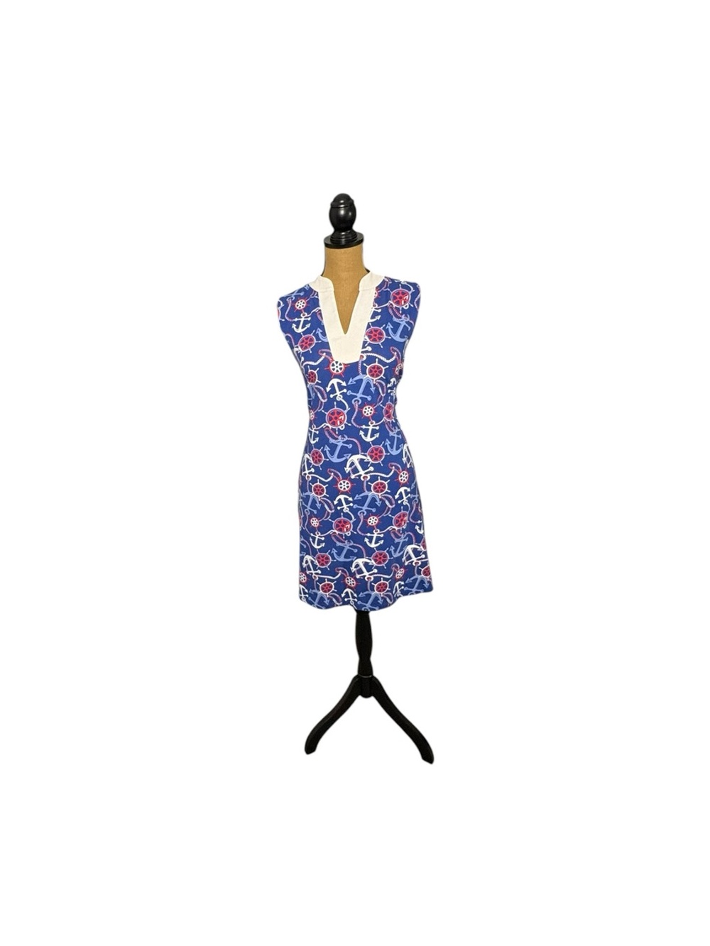 Talbots Nautical Anchor Print Dress M Navy Red Cotton Stretch Coastal Preppy